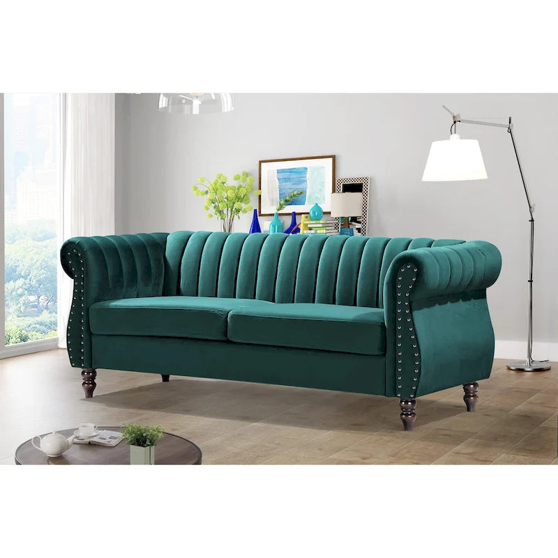 Canapé Charlot Chesterfield en velours avec accoudoirs roulés