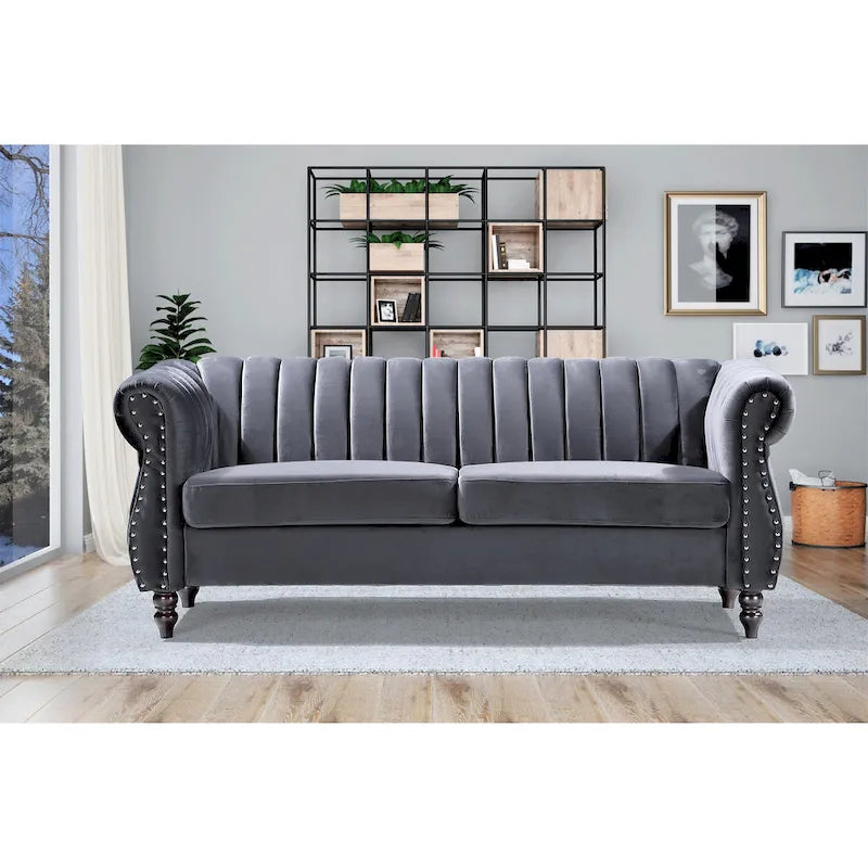 Canapé Charlot Chesterfield en velours avec accoudoirs roulés