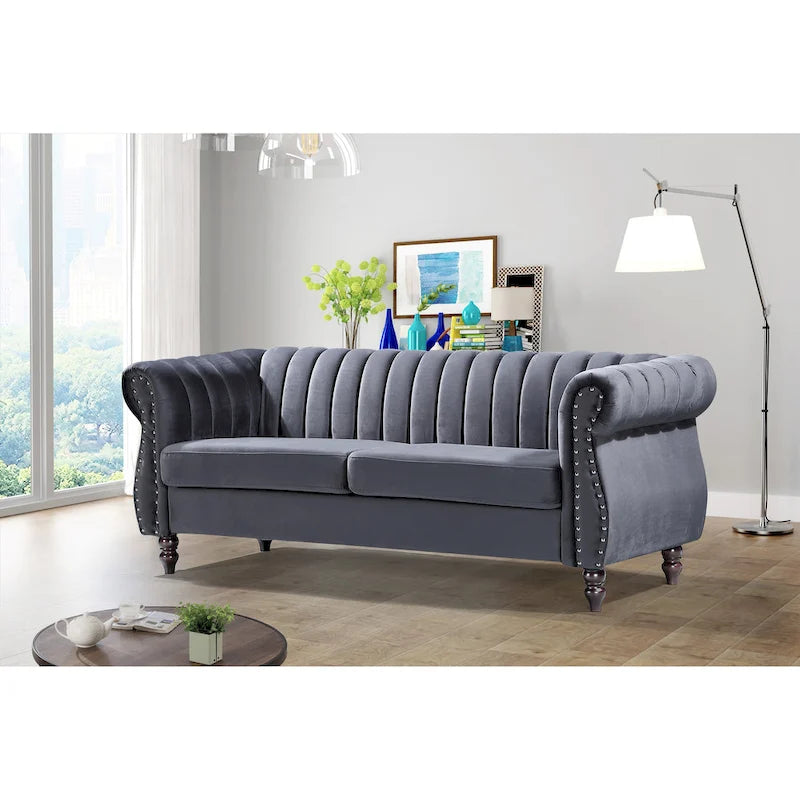 Canapé Charlot Chesterfield en velours avec accoudoirs roulés