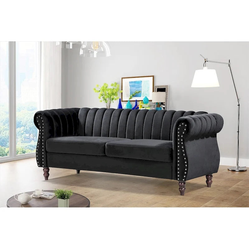 Canapé Charlot Chesterfield en velours avec accoudoirs roulés
