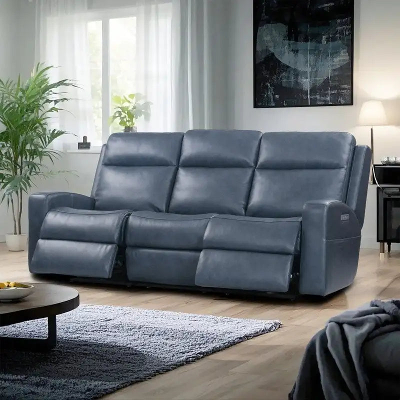 Canapé inclinable électrique en cuir pleine fleur de 89 pouces avec espace de rangement, port de chargement USB et appuie-tête réglable