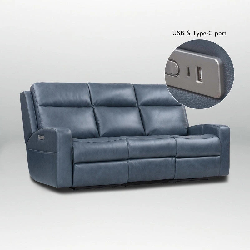 Canapé inclinable électrique en cuir pleine fleur de 89 pouces avec espace de rangement, port de chargement USB et appuie-tête réglable
