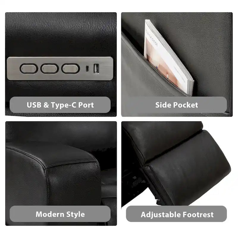 Canapé inclinable électrique en cuir pleine fleur de 89 pouces avec espace de rangement, port de chargement USB et appuie-tête réglable