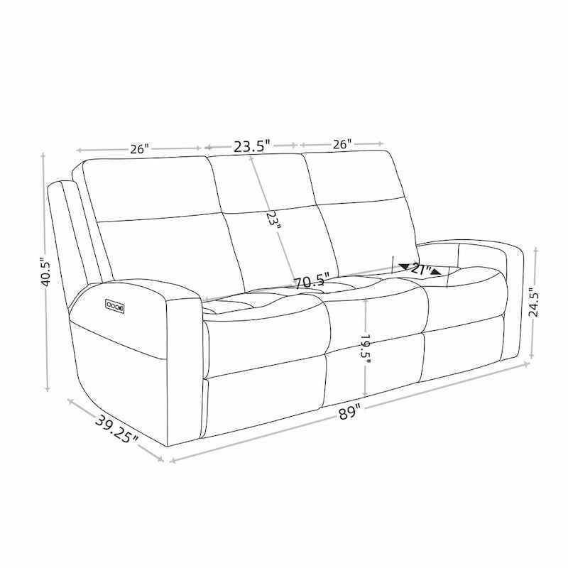 Canapé inclinable électrique en cuir pleine fleur de 89 pouces avec espace de rangement, port de chargement USB et appuie-tête réglable