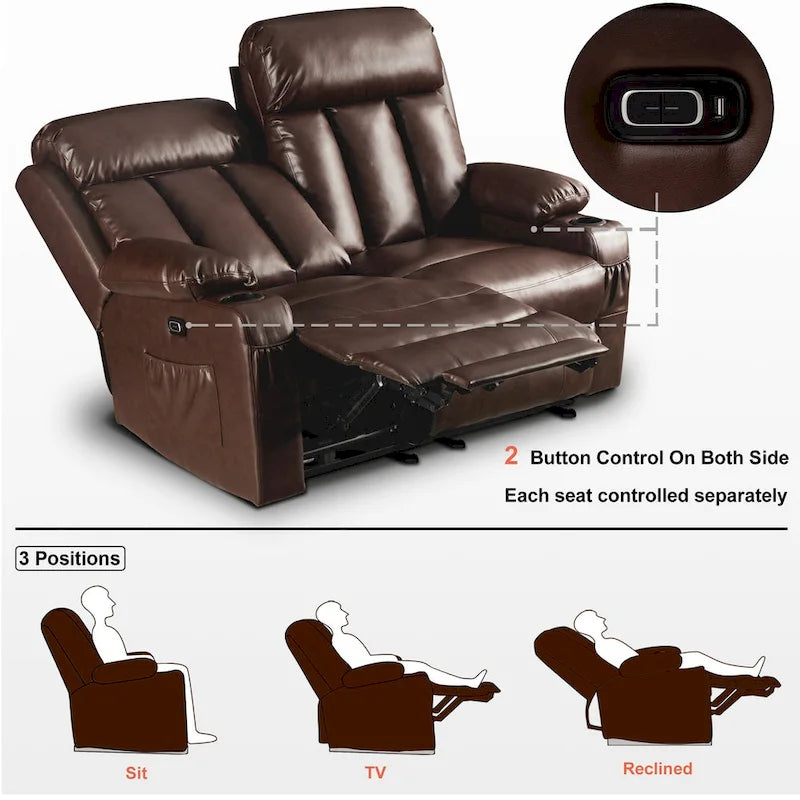Canapé inclinable électrique MCombo avec fonction chauffage et massage, en similicuir 6095/6075/6077