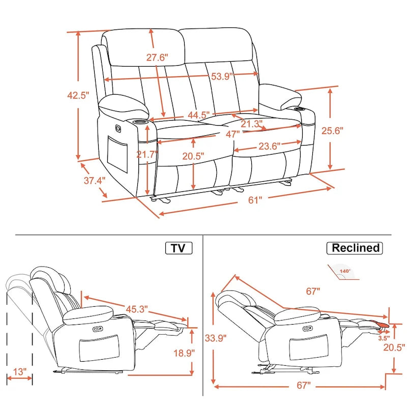Canapé inclinable électrique MCombo avec fonction chauffage et massage, en similicuir 6095/6075/6077