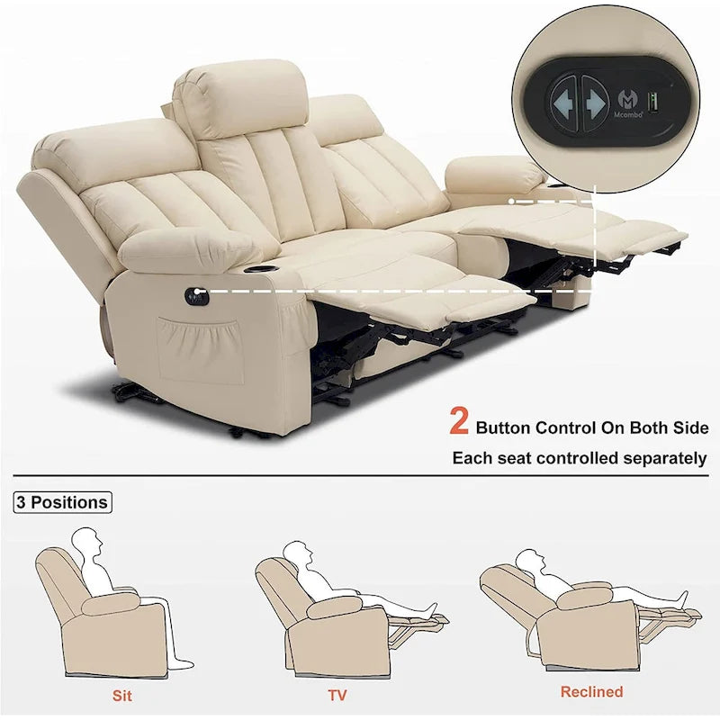Canapé inclinable électrique MCombo avec fonction chauffage et massage, en similicuir 6095/6075/6077