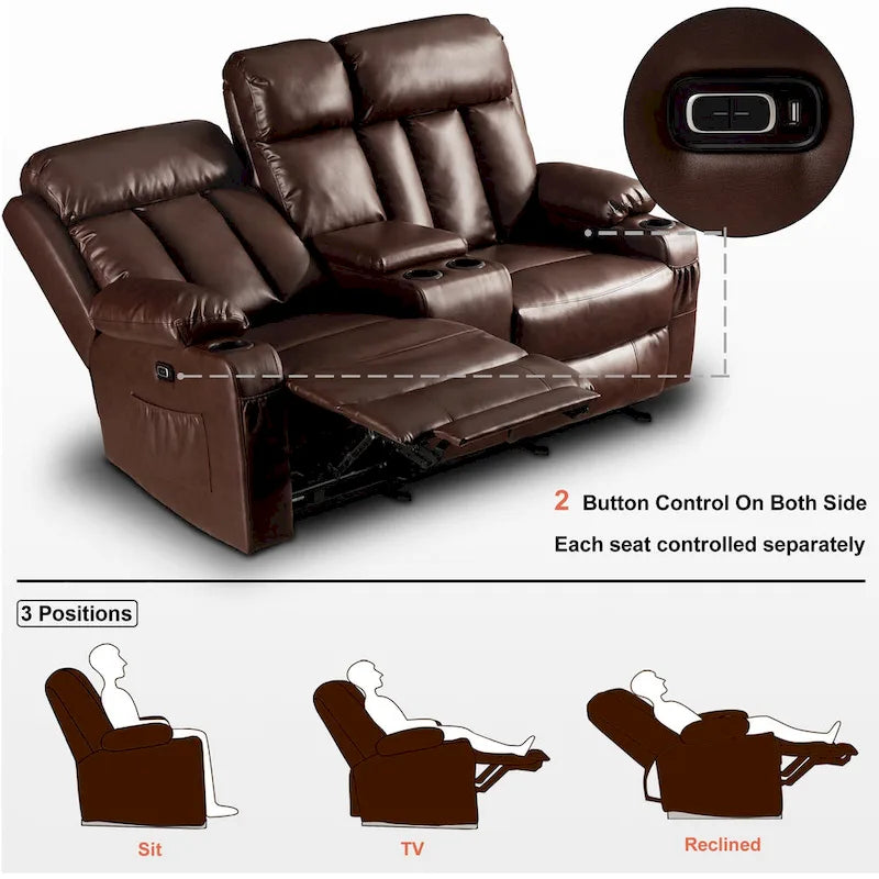 Canapé inclinable électrique MCombo avec fonction chauffage et massage, en similicuir 6095/6075/6077