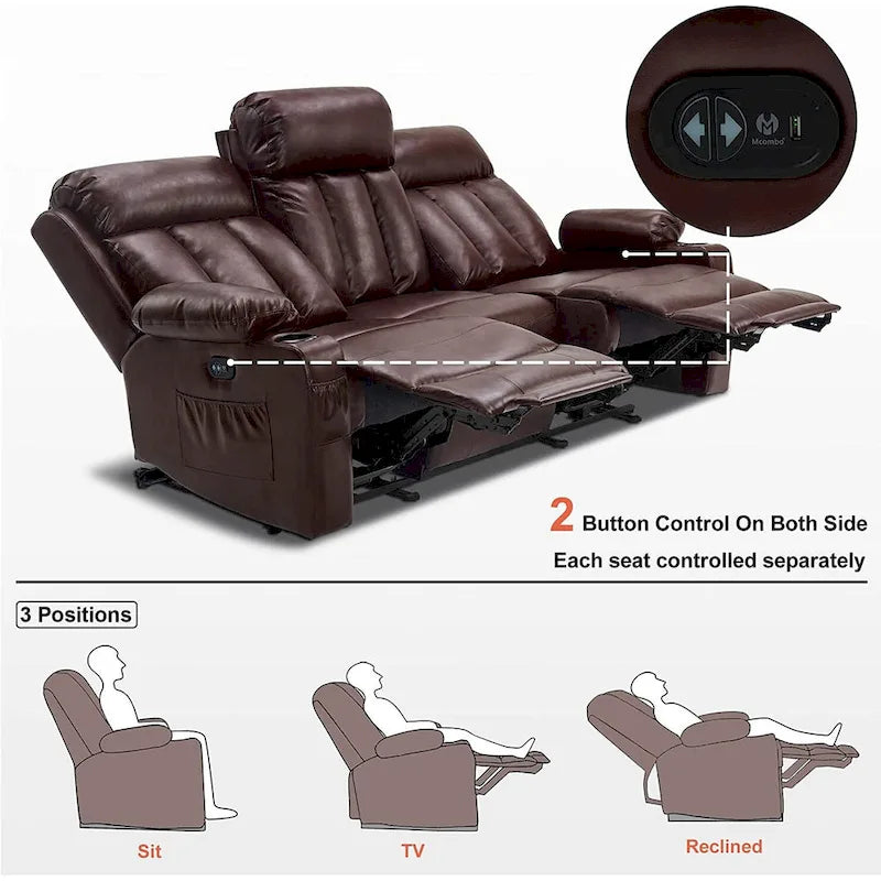 Canapé inclinable électrique MCombo avec fonction chauffage et massage, en similicuir 6095/6075/6077