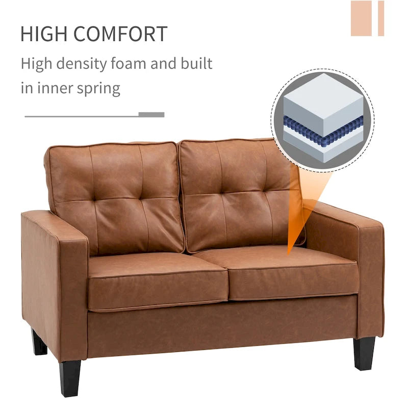 HOMCOM Canapé double de 130 cm de large avec accoudoirs, 2 places, en similicuir capitonné, rembourrage en éponge et ressorts ensachés, marron