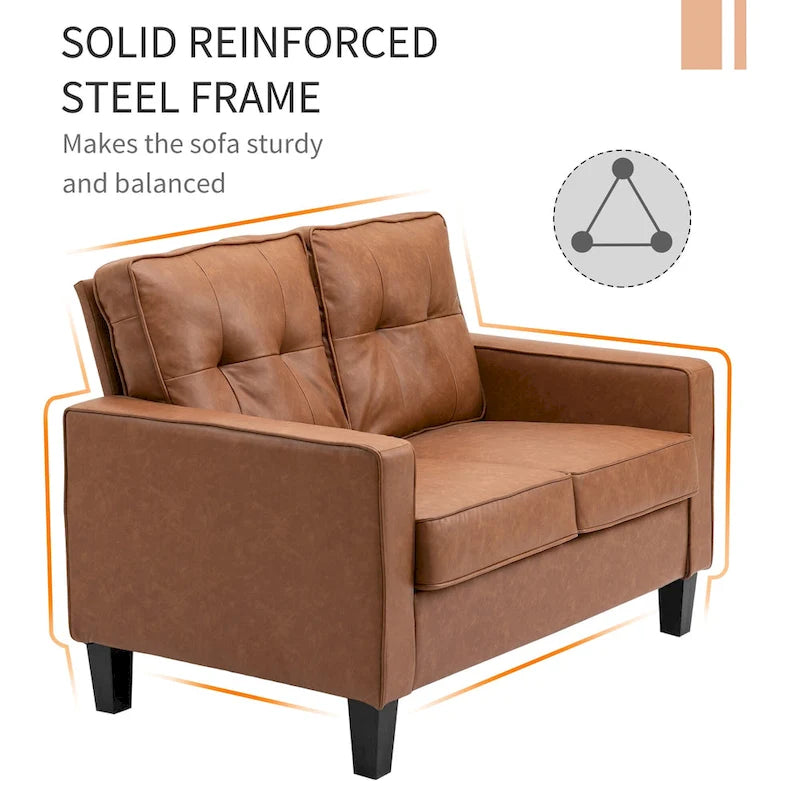 HOMCOM Canapé double de 130 cm de large avec accoudoirs, 2 places, en similicuir capitonné, rembourrage en éponge et ressorts ensachés, marron