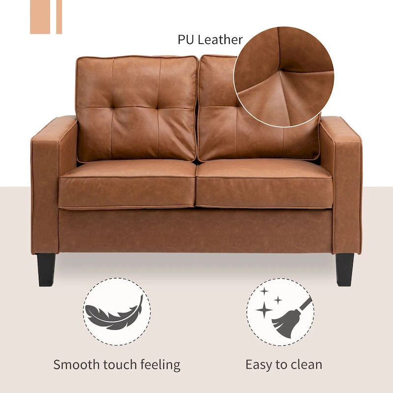 HOMCOM Canapé double de 130 cm de large avec accoudoirs, 2 places, en similicuir capitonné, rembourrage en éponge et ressorts ensachés, marron