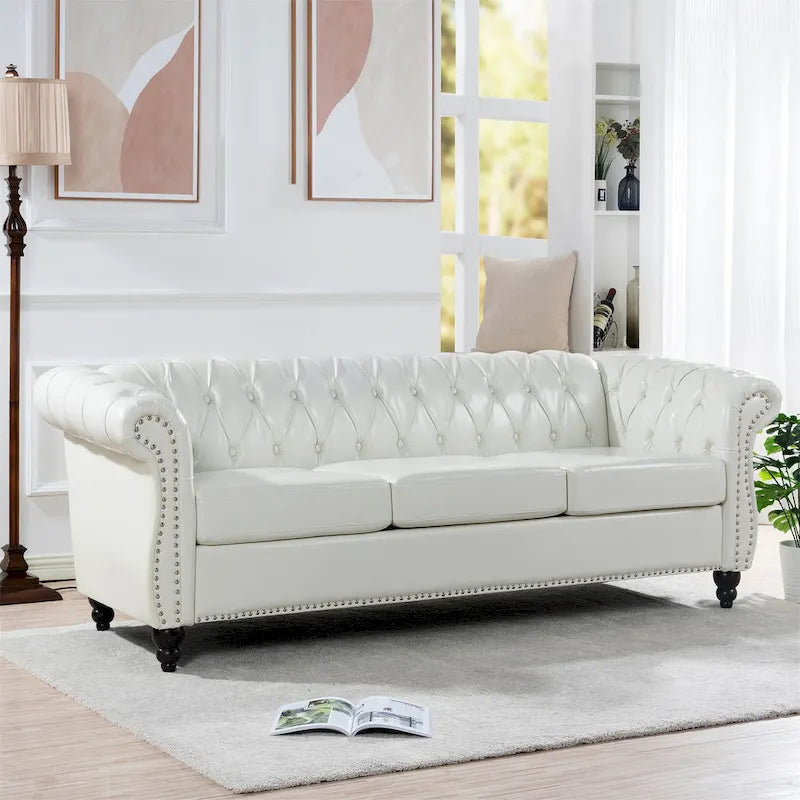 Canapé 3 places Chesterfield avec accoudoirs roulés (modèle 84)