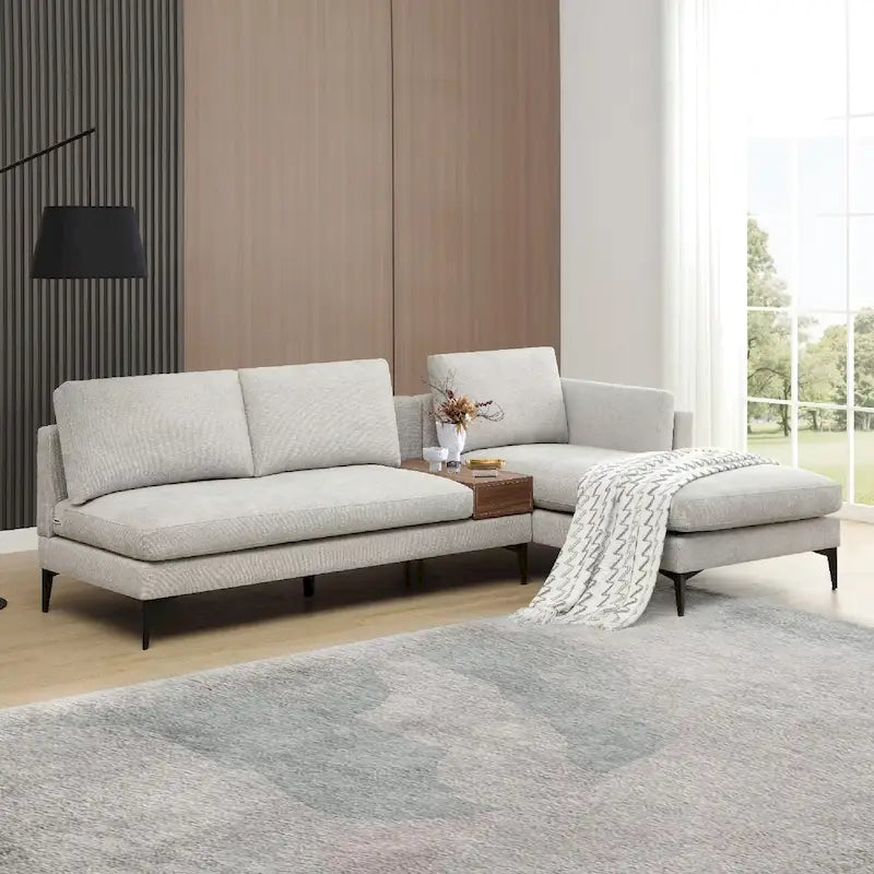 Canapé d'angle modulaire avec design réversible et boîte décorative en bois intégrée
