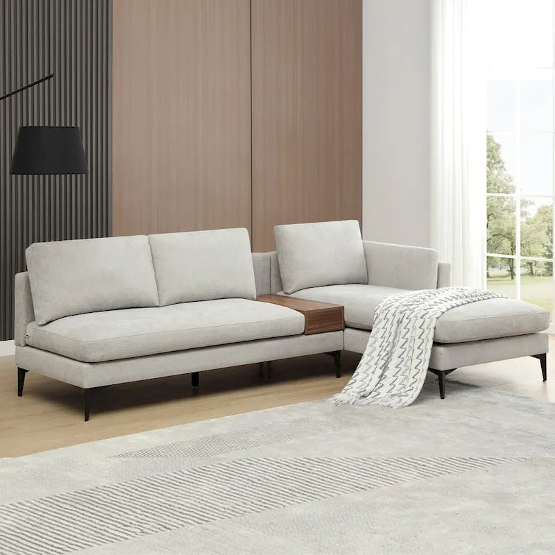 Canapé d'angle modulaire avec design réversible et boîte décorative en bois intégrée