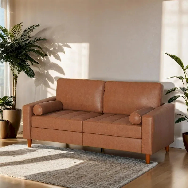 Canapé en cuir du milieu du siècle avec coussin de confort piqué main et traversins