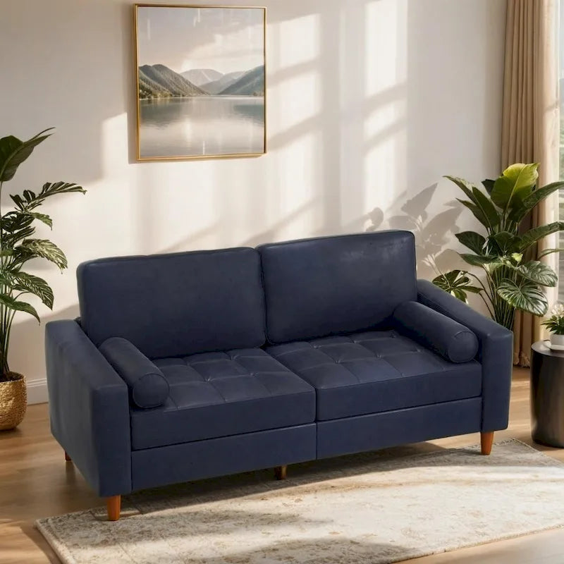 Canapé en cuir du milieu du siècle avec coussin de confort piqué main et traversins