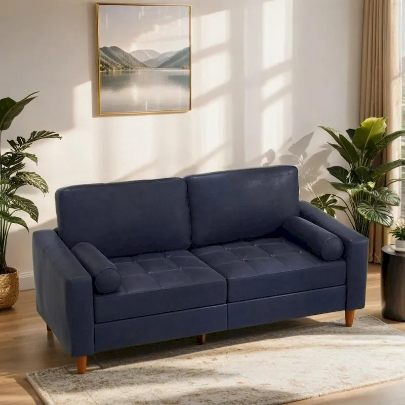 Canapé en cuir du milieu du siècle avec coussin de confort piqué main et traversins