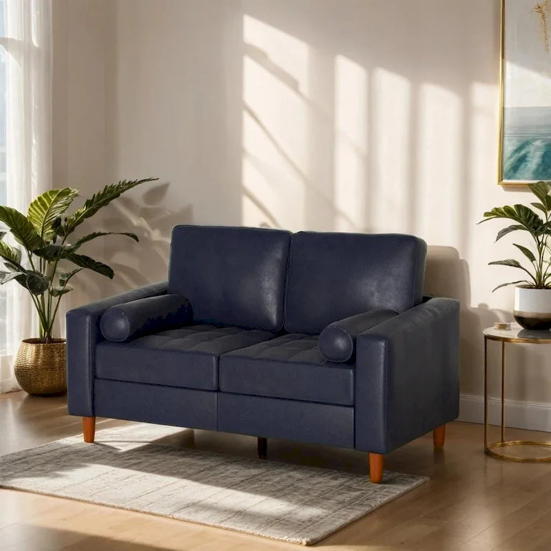 Canapé en cuir du milieu du siècle avec coussin de confort piqué main et traversins