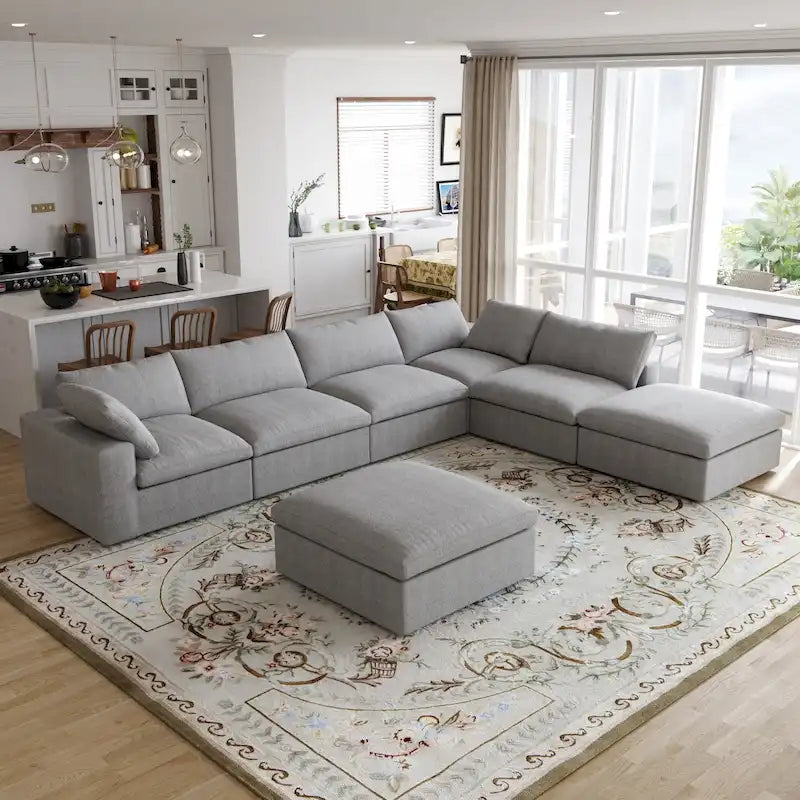 Canapé modulable en U 6 places en lin avec pouf, rembourré de duvet, grand confort, 160 pouces, combinaison libre