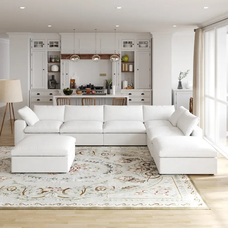 Canapé modulable en U 6 places en lin avec pouf, rembourré de duvet, grand confort, 160 pouces, combinaison libre