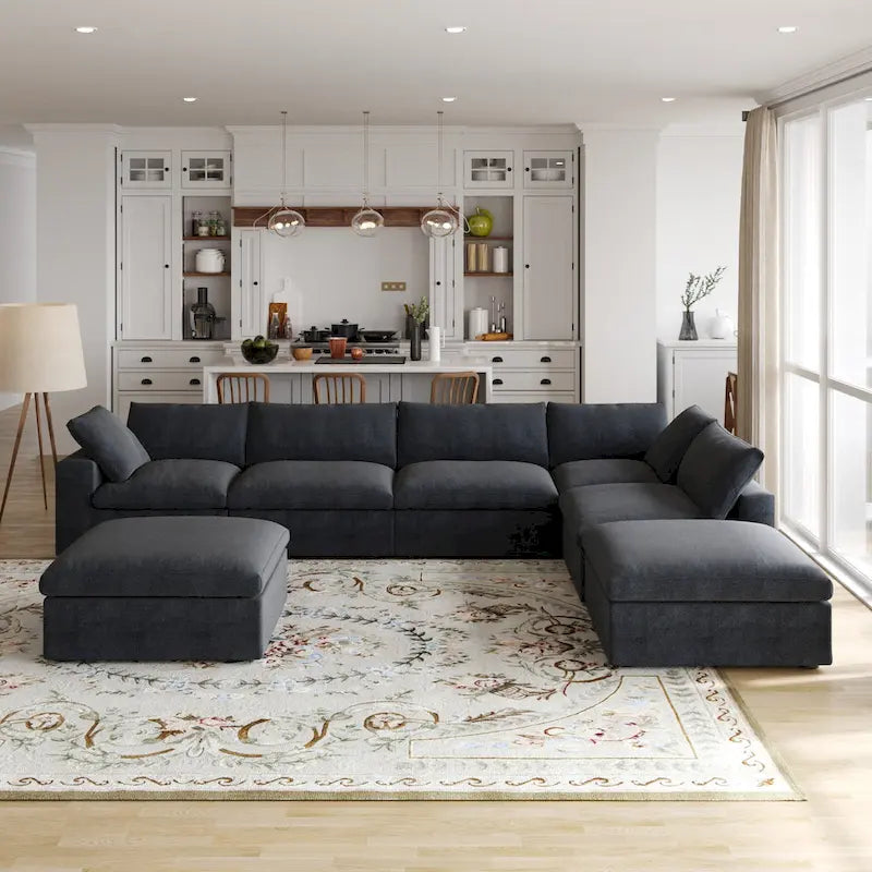 Canapé modulable en U 6 places en lin avec pouf, rembourré de duvet, grand confort, 160 pouces, combinaison libre