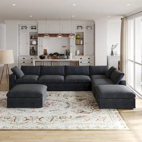 Canapé modulable en U 6 places en lin avec pouf, rembourré de duvet, grand confort, 160 pouces, combinaison libre