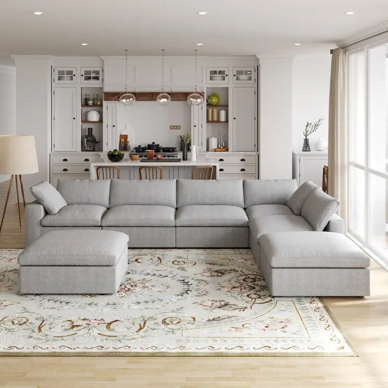 Canapé modulable en U 6 places en lin avec pouf, rembourré de duvet, grand confort, 160 pouces, combinaison libre