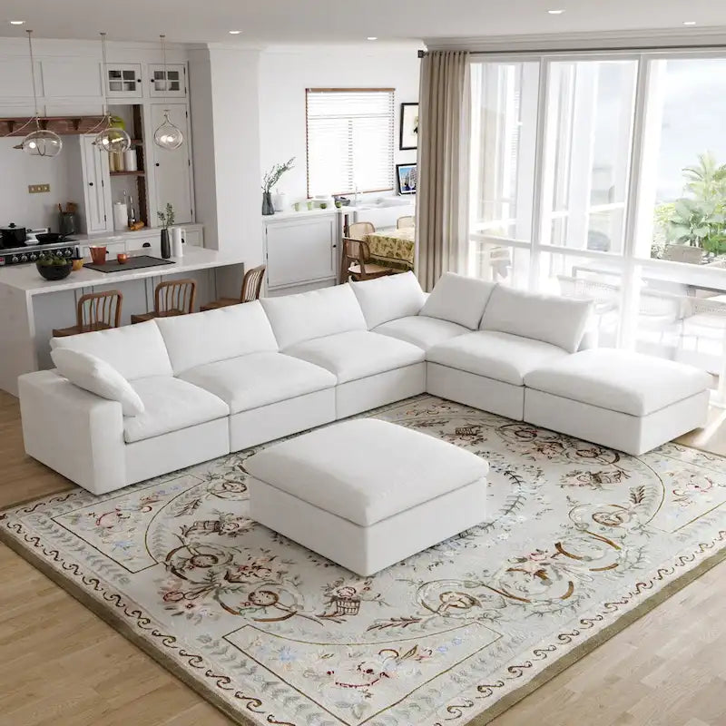 Canapé modulable en U 6 places en lin avec pouf, rembourré de duvet, grand confort, 160 pouces, combinaison libre