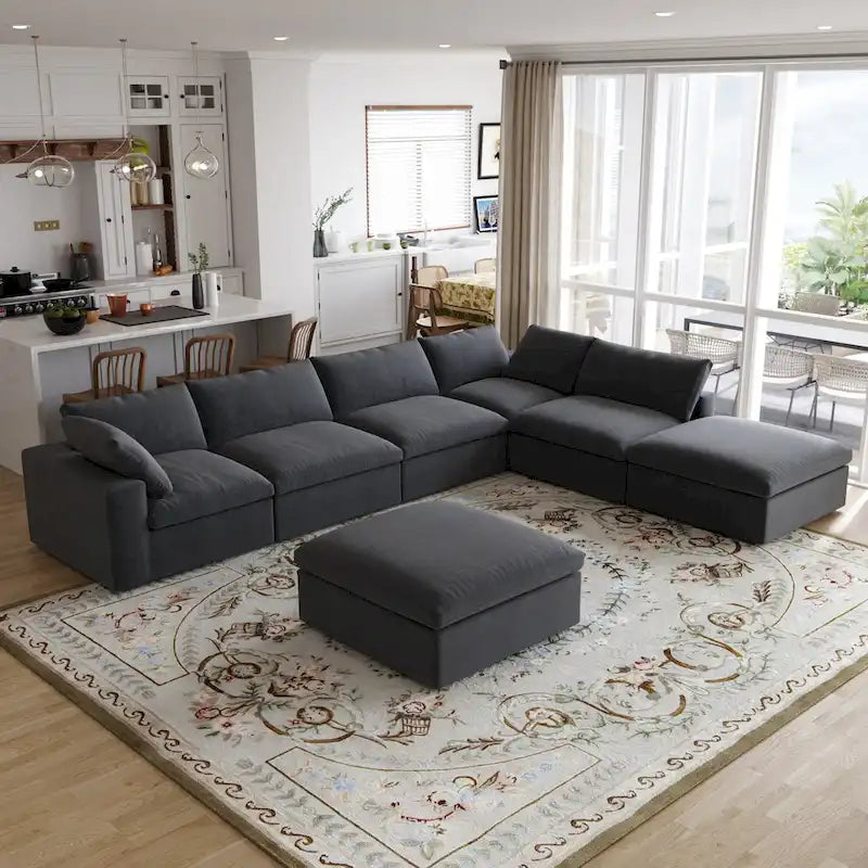 Canapé modulable en U 6 places en lin avec pouf, rembourré de duvet, grand confort, 160 pouces, combinaison libre