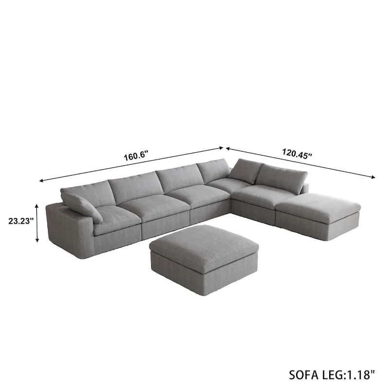 Canapé modulable en U 6 places en lin avec pouf, rembourré de duvet, grand confort, 160 pouces, combinaison libre
