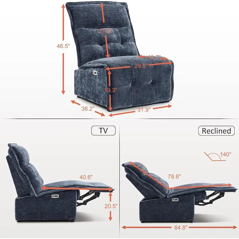 MCombo Fauteuil inclinable électrique sans accoudoirs avec ports USB, encombrement mural de 8,9 cm, fauteuil inclinable électrique pour salon, ALR01