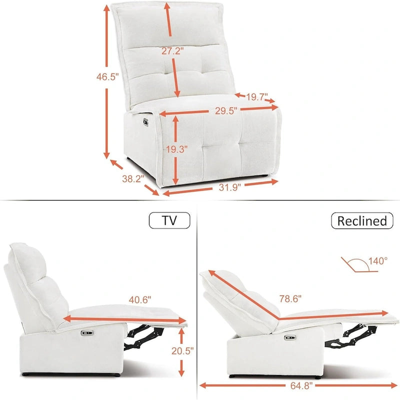 MCombo Fauteuil inclinable électrique sans accoudoirs avec ports USB, encombrement mural de 8,9 cm, fauteuil inclinable électrique pour salon, ALR01
