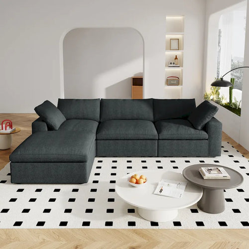 Canapé d'angle moderne en lin en forme de L de 120 pouces avec pouf de rangement