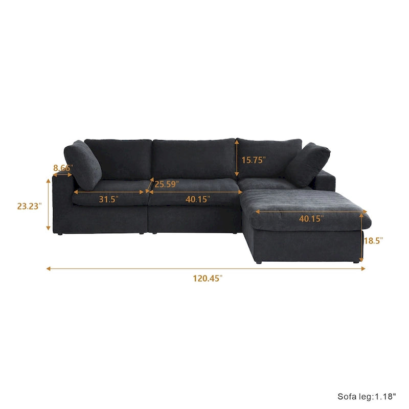 Canapé d'angle moderne en lin en forme de L de 120 pouces avec pouf de rangement
