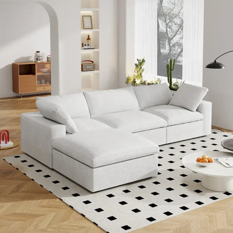 Canapé d'angle moderne en lin en forme de L de 120 pouces avec pouf de rangement