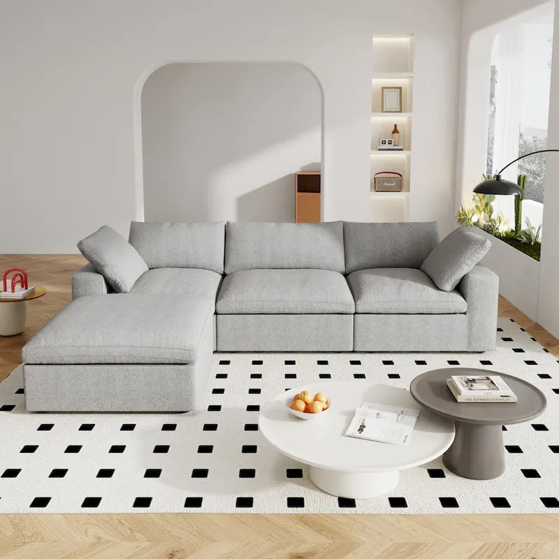 Canapé d'angle moderne en lin en forme de L de 120 pouces avec pouf de rangement