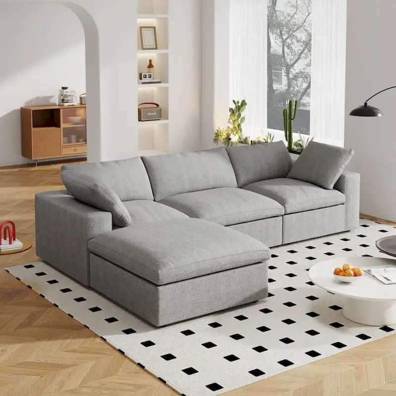 Canapé d'angle moderne en lin en forme de L de 120 pouces avec pouf de rangement