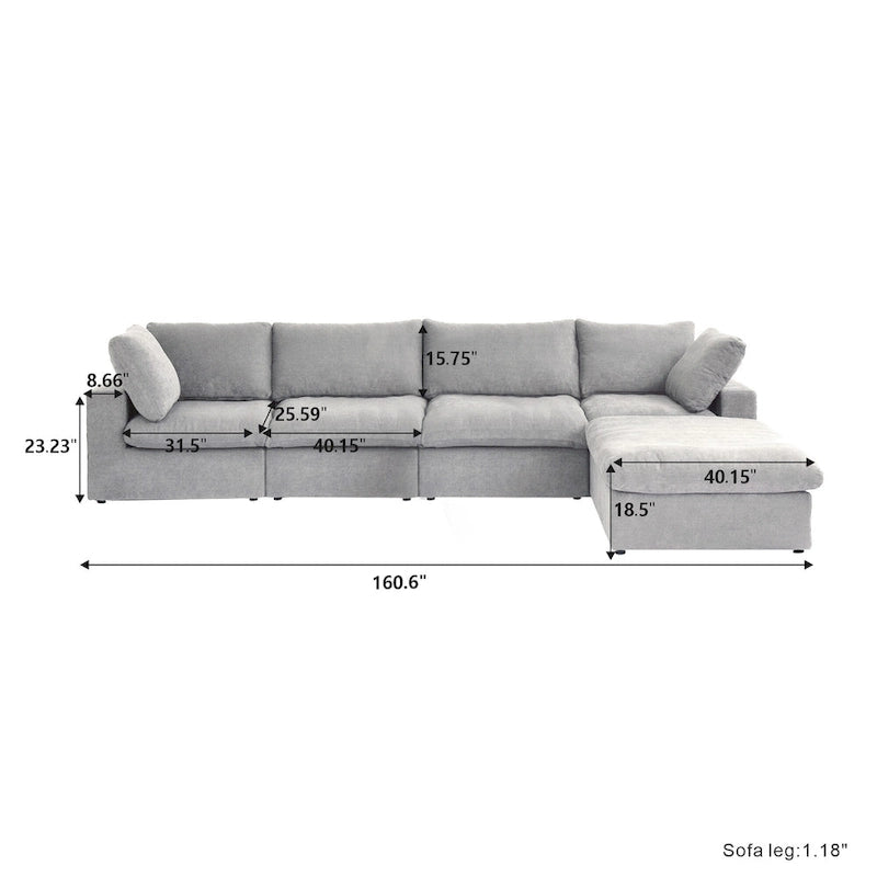 Canapé d'angle moderne en lin en forme de L de 120 pouces avec pouf de rangement