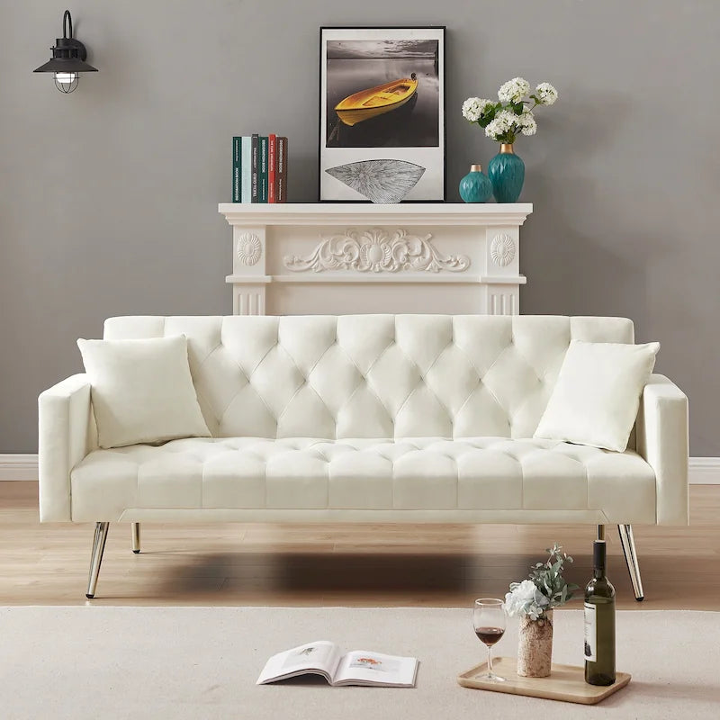 Canapé-lit pliant capitonné convertible blanc crème