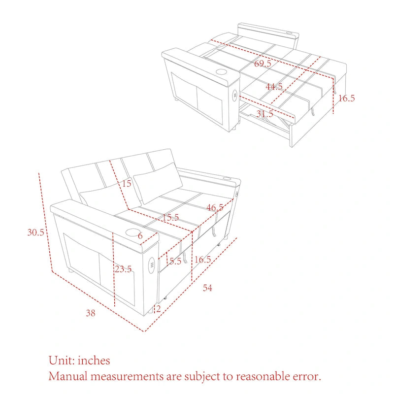 54 Canapé-lit convertible double avec accoudoirs, rangement et poches latérales, dossier réglable et