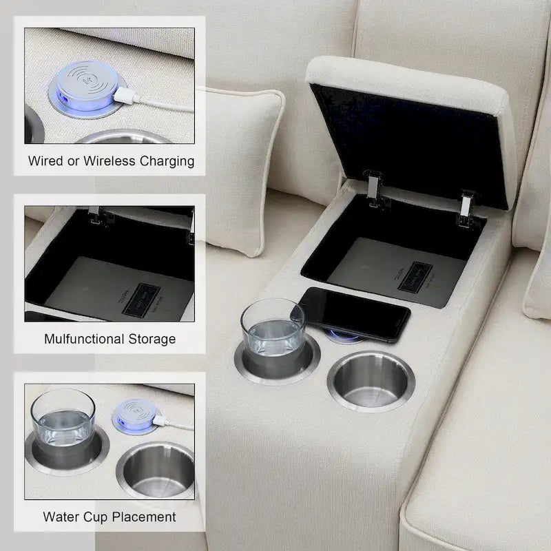 [VIDÉO fournie] [Nouveau] Canapé rembourré 114.2 avec console, 2 porte-gobelets et 2 ports USB avec recharge filaire ou sans fil, style moderne Li