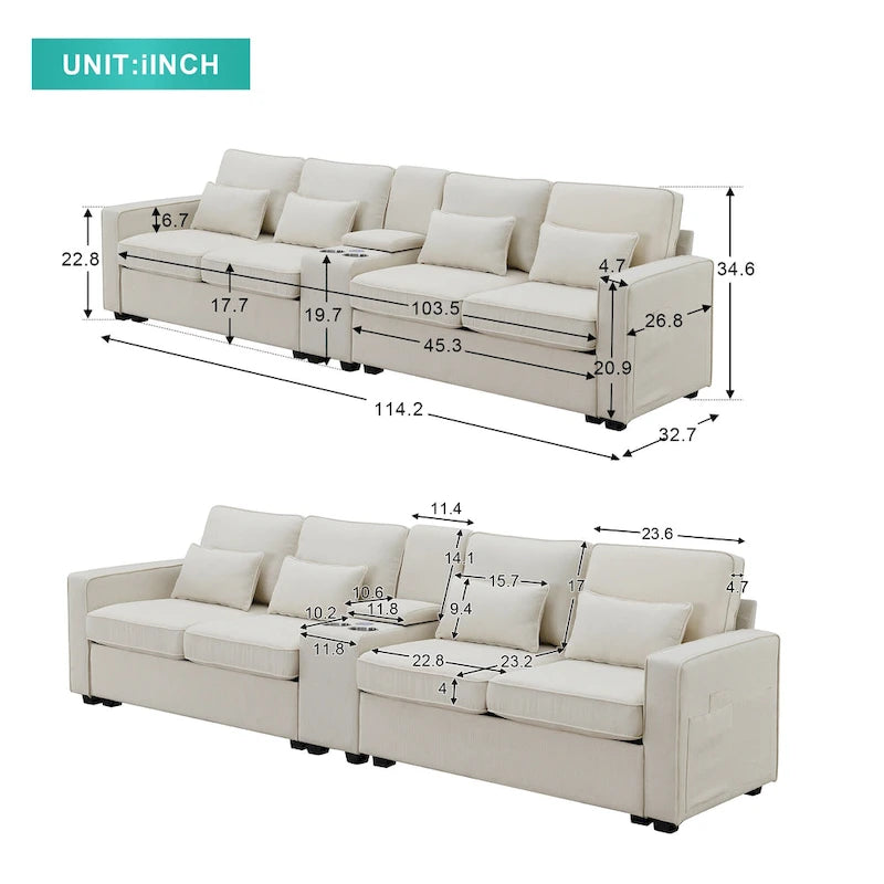 [VIDÉO fournie] [Nouveau] Canapé rembourré 114.2 avec console, 2 porte-gobelets et 2 ports USB avec recharge filaire ou sans fil, style moderne Li