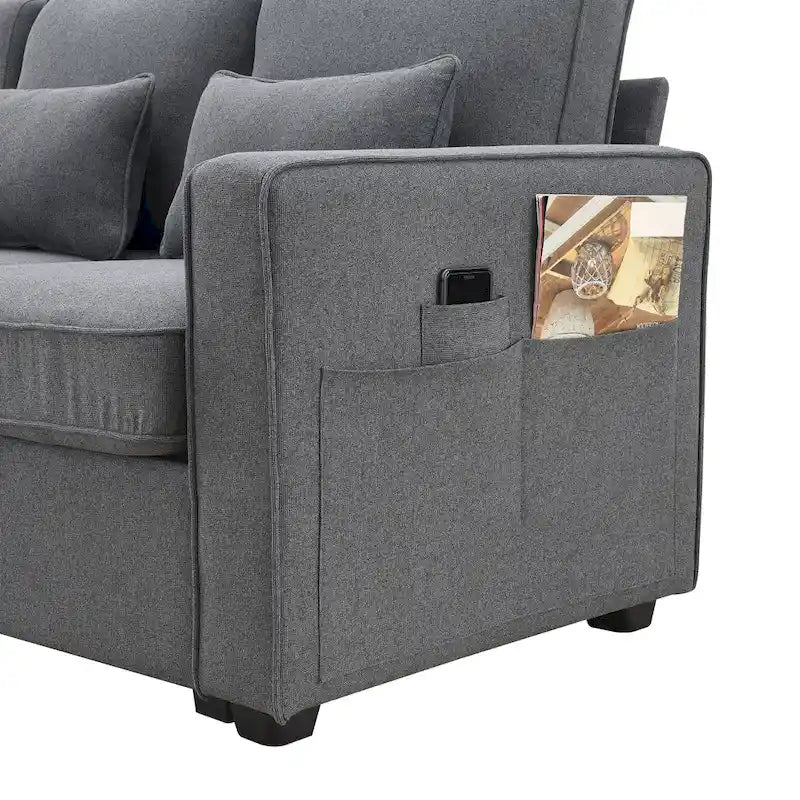 [VIDÉO fournie] [Nouveau] Canapé rembourré 114.2 avec console, 2 porte-gobelets et 2 ports USB avec recharge filaire ou sans fil, style moderne Li