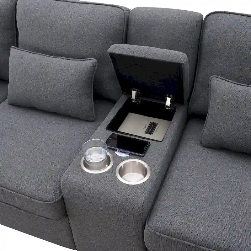 [VIDÉO fournie] [Nouveau] Canapé rembourré 114.2 avec console, 2 porte-gobelets et 2 ports USB avec recharge filaire ou sans fil, style moderne Li