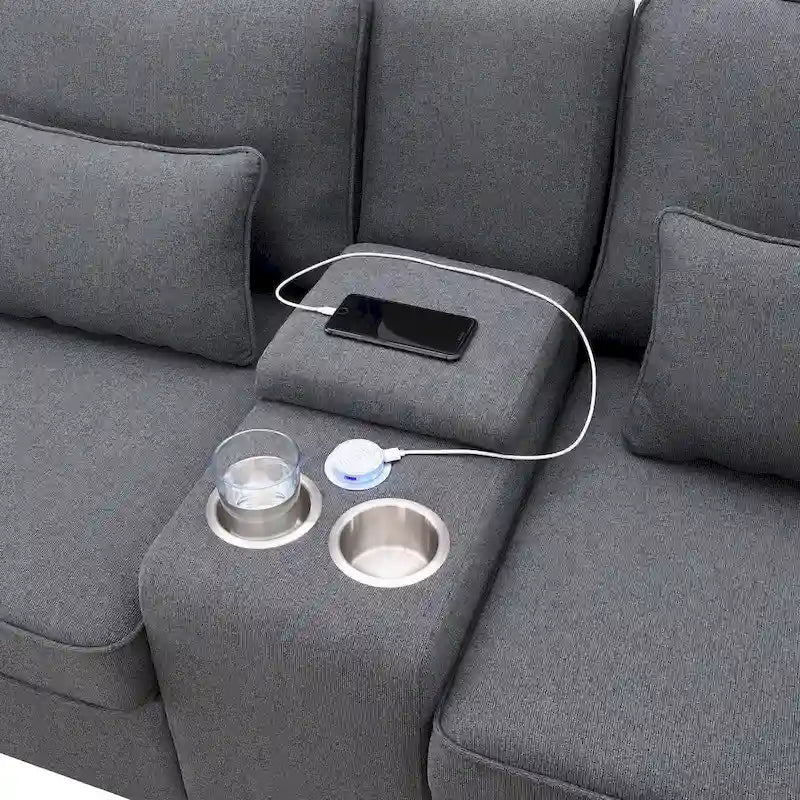 [VIDÉO fournie] [Nouveau] Canapé rembourré 114.2 avec console, 2 porte-gobelets et 2 ports USB avec recharge filaire ou sans fil, style moderne Li