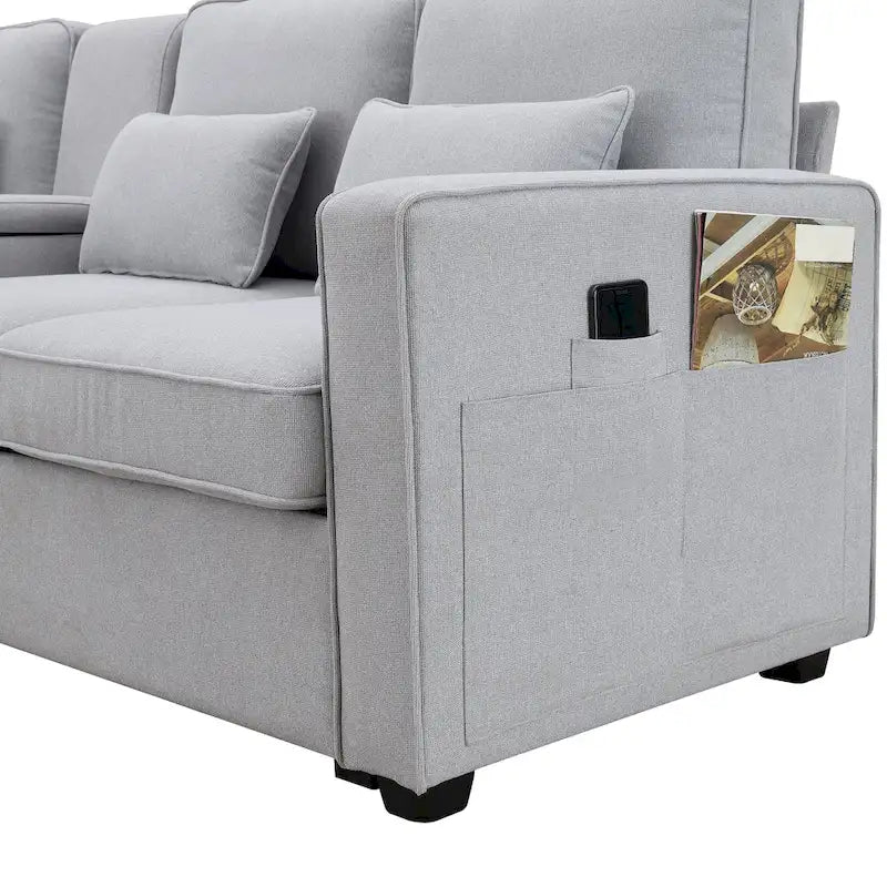 [VIDÉO fournie] [Nouveau] Canapé rembourré 114.2 avec console, 2 porte-gobelets et 2 ports USB avec recharge filaire ou sans fil, style moderne Li