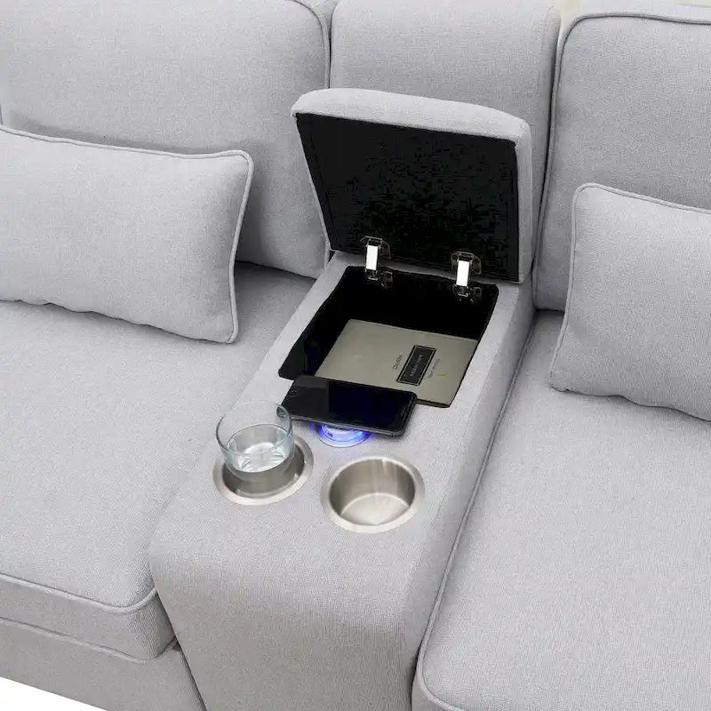 [VIDÉO fournie] [Nouveau] Canapé rembourré 114.2 avec console, 2 porte-gobelets et 2 ports USB avec recharge filaire ou sans fil, style moderne Li