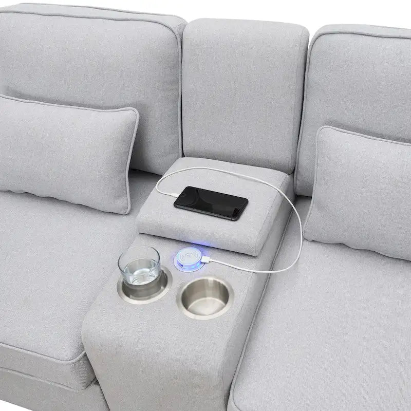[VIDÉO fournie] [Nouveau] Canapé rembourré 114.2 avec console, 2 porte-gobelets et 2 ports USB avec recharge filaire ou sans fil, style moderne Li