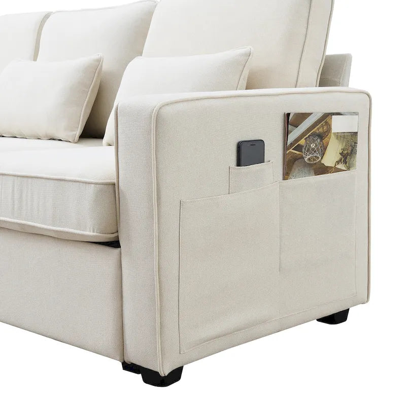 [VIDÉO fournie] [Nouveau] Canapé rembourré 114.2 avec console, 2 porte-gobelets et 2 ports USB avec recharge filaire ou sans fil, style moderne Li